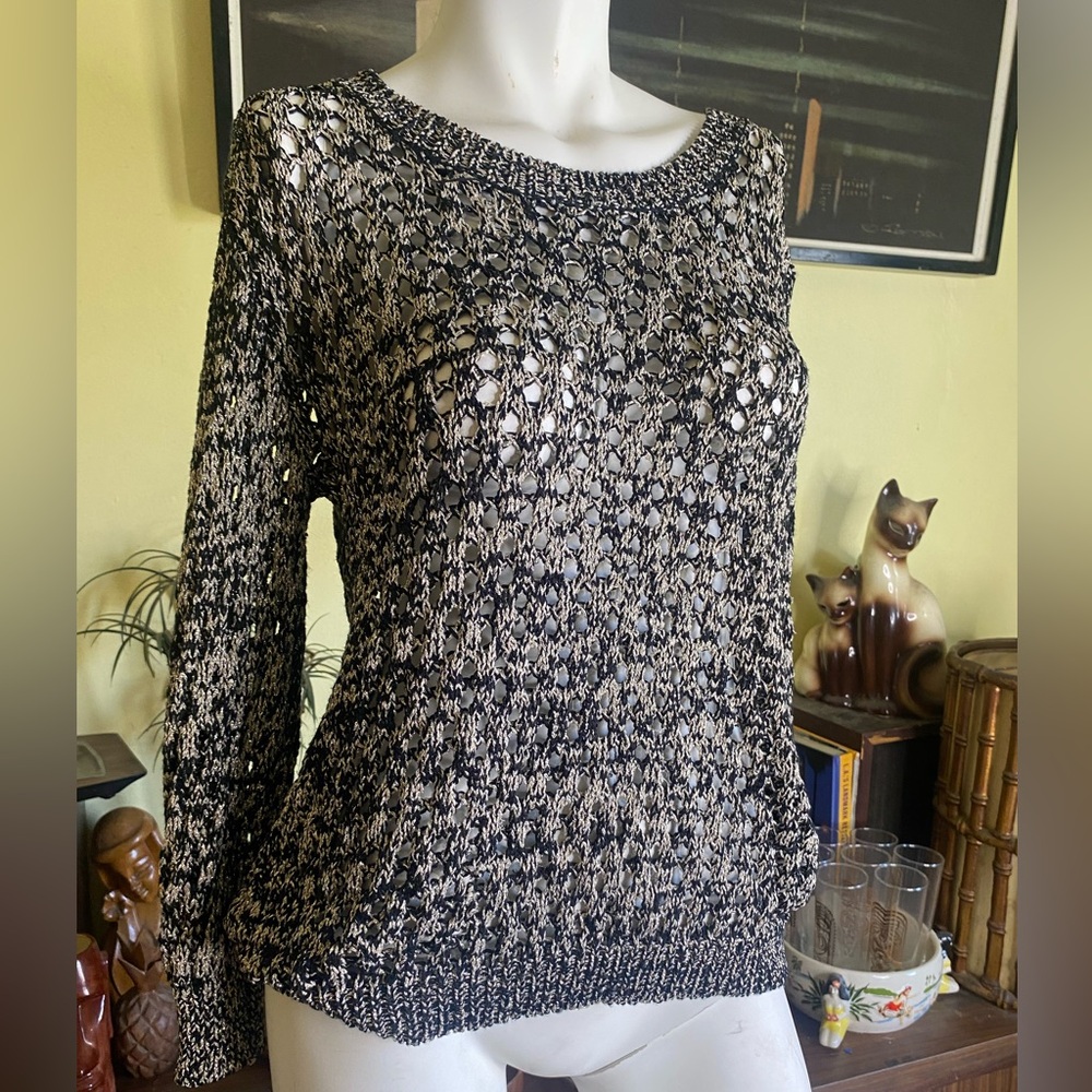 Ladies black and silver metallic threaded knit crochet mesh long sleeve sweater